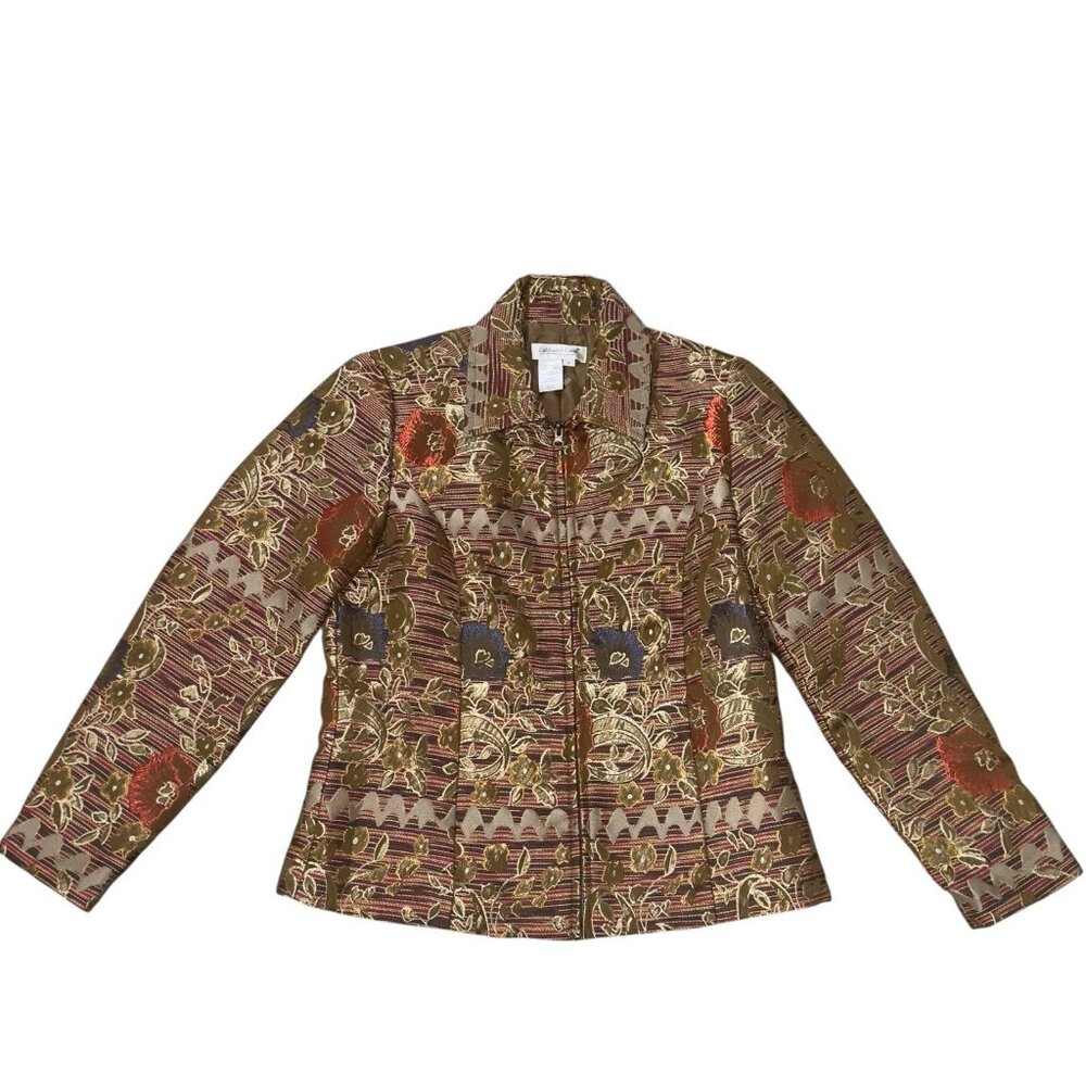 Coldwater Creek Sz SM Gold Banded Tapestry Lined Beautiful Art Blazer Jacket Lux